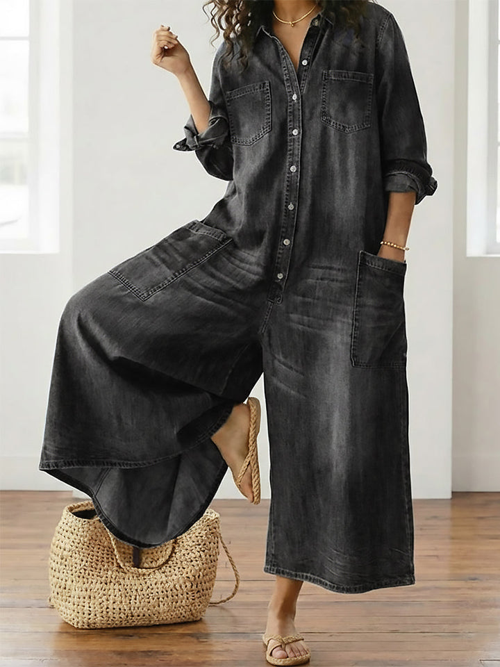 Saylor | Soft Button Denim Jumpsuit