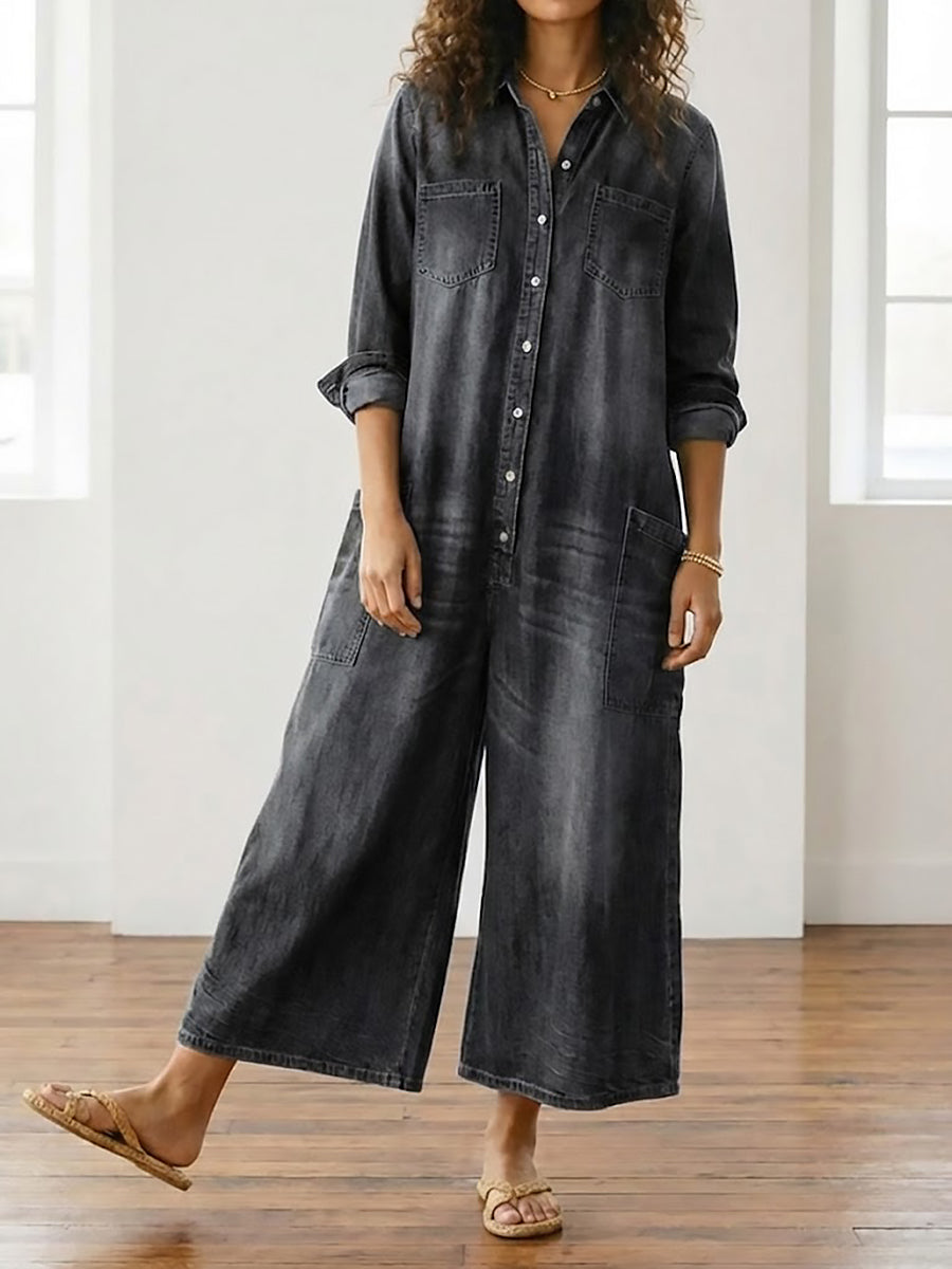 Saylor | Soft Button Denim Jumpsuit