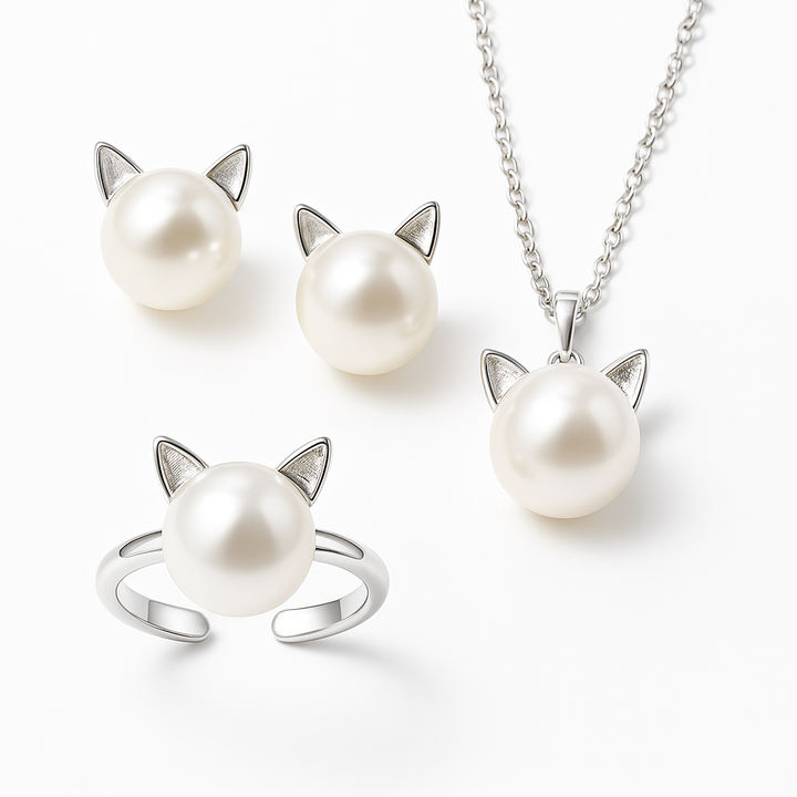 Beautiful Pearl Cat Necklace with Bonus Earrings + Ring